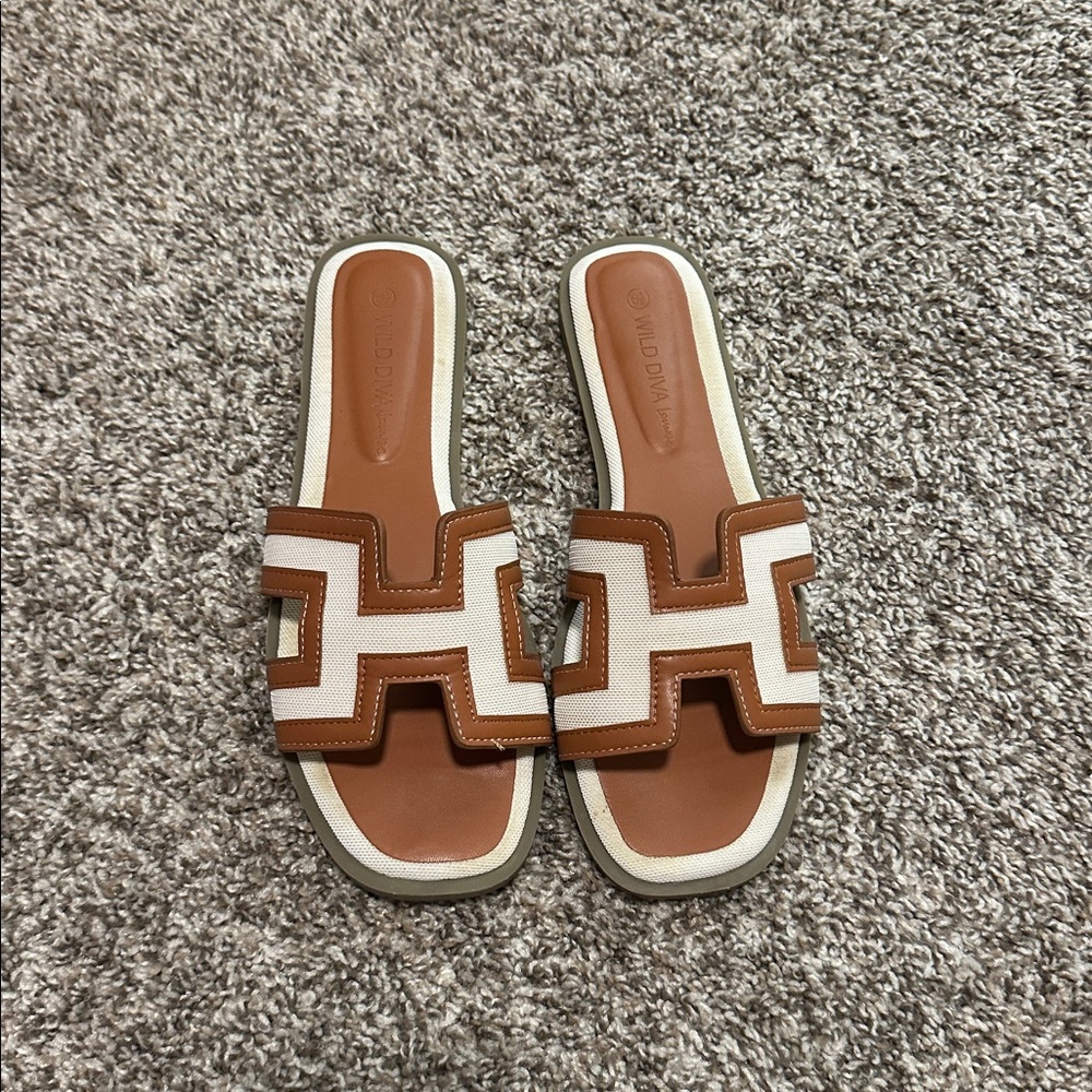 Wild Diva Tan and Cream Slide Sandals